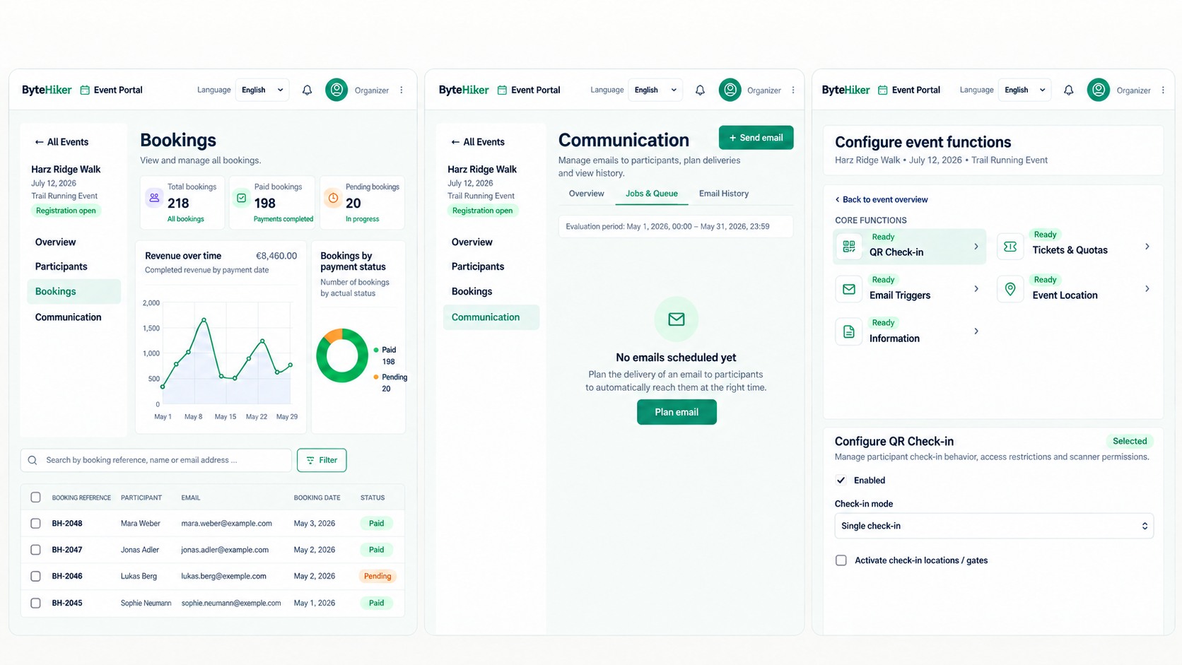 Three reconstructed portal views: bookings, email scheduling, and event functions